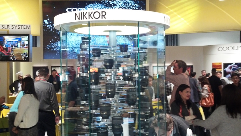 Display case with all the Nikkor Lenes.  Nikon Booth, CES 2013