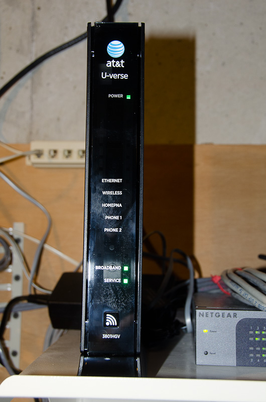 U-verse VDSL comes into the house and connects with a 2Wire HomePortal 3801HGV Intelligent Gateway